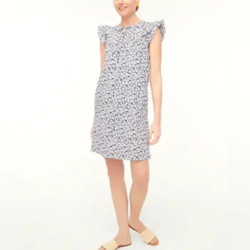J. Crew‎ Printed Flutter Sleeve Mini Dress Daisey Print Navy White Cotton 00